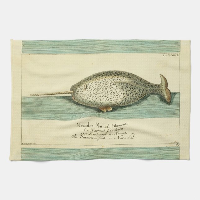 Narwhal Antique Whale Watercolor Wissenschaftliche Geschirrtuch (Horizontal)