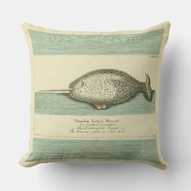 Narwhal Antique Whale Watercolor Wissenschaftliche Kissen (Vorderseite)