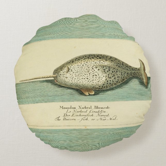 Narwhal Antique Whale Watercolor Wissenschaftliche Rundes Kissen (Rückseite)