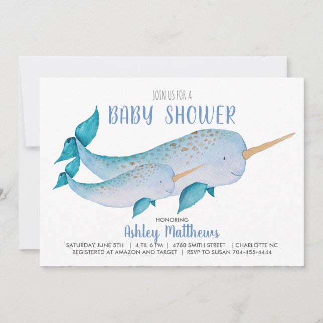 Narwhal Baby Dusche Einladung (Vorderseite)