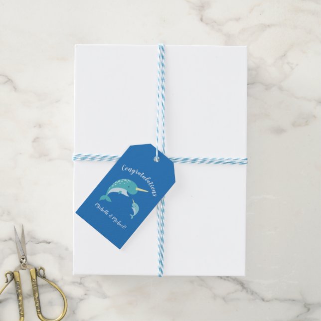Narwhal Baby Shower Blue Boy Whale Geschenkanhänger (Mit Garn)