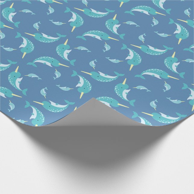 Narwhal Baby Shower Blue Boy Whale Geschenkpapier (Ecke)