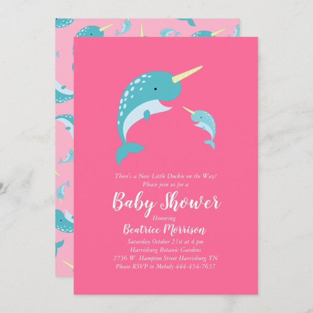 Narwhal Baby Shower Pink Girl Whale Einladung (Vorne/Hinten)