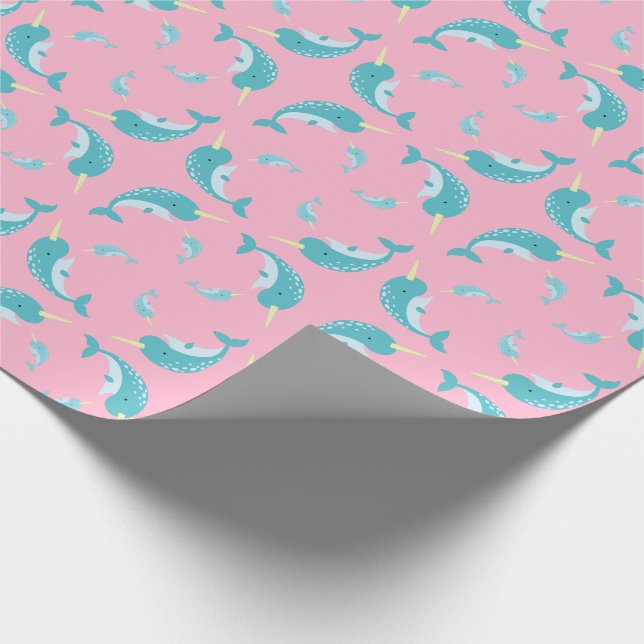 Narwhal Baby Shower Pink Girl Whale Geschenkpapier (Ecke)