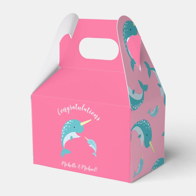 Narwhal Baby Shower Pink Girl Whale Geschenkschachtel (Vorderseite)