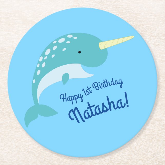 Narwhal Birthday Party Runder Pappuntersetzer (Vorderseite)