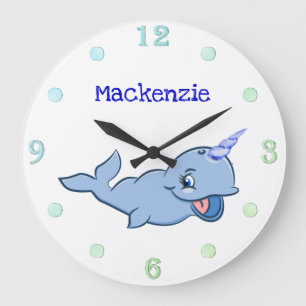Narwhal Blue   Adorable Baby Kawaii Custom Ocean Große Wanduhr