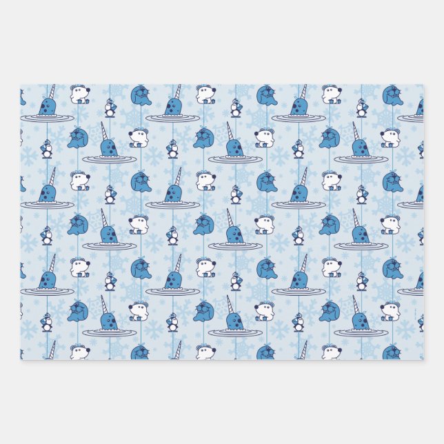 Narwhal Blue Snowflake Pattern Geschenkpapier Set (Vorderseite)