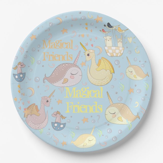 Narwhal, Drache-blaues personalisiertes Pappteller (Vorderseite)