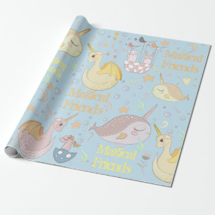 Narwhal, Drache-Pastellbaby-Blau personalisiert Geschenkpapier