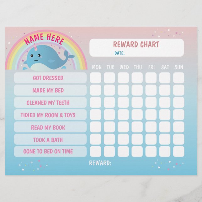 Narwhal Girl Reward Chart Personalised Plan Flyer (Vorne)