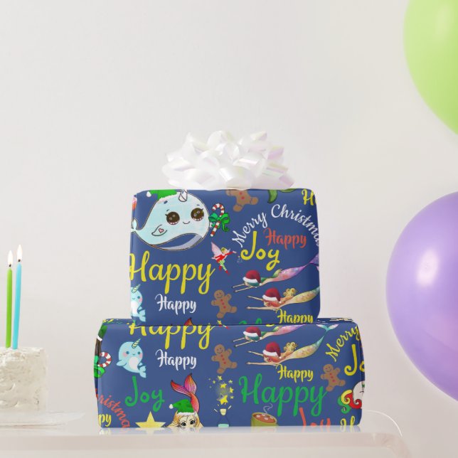 Narwhal, Meerjungfrau, Einhornweihnachtliche Indiv Geschenkpapier (Partygeschenke)