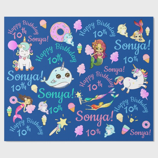 Narwhal, Meerjungfrau, Unicorn-personalisierter Geschenkpapier (Flach)