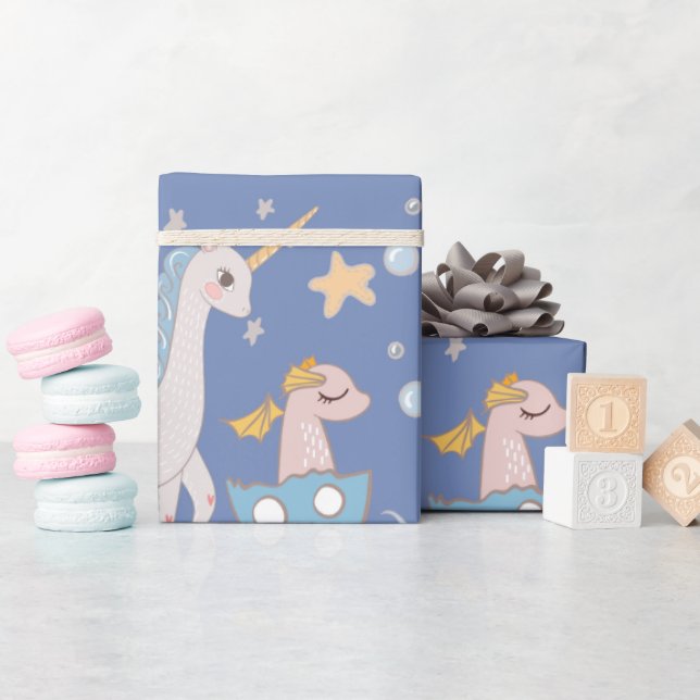 Narwhal Mermaid Unicorn Dragon Pastel Personalisie Geschenkpapier (Babyparty)
