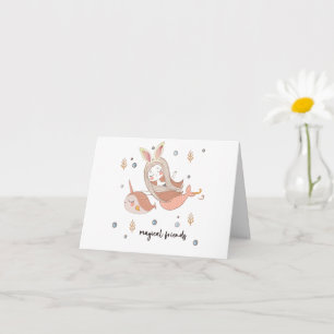 Narwhal n Mermaid with Bunny Ears Magical Friends  Karte