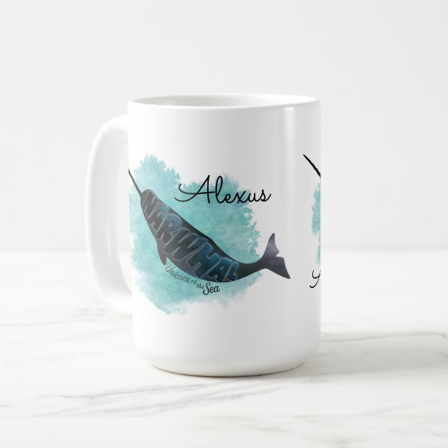 Narwhal on Watercolor Heart, Personalisiert Kaffeetasse (Vorderseite Links)