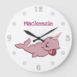 Narwhal Pink   Girly Kawaii Chibi Cartoon Custom Große Wanduhr