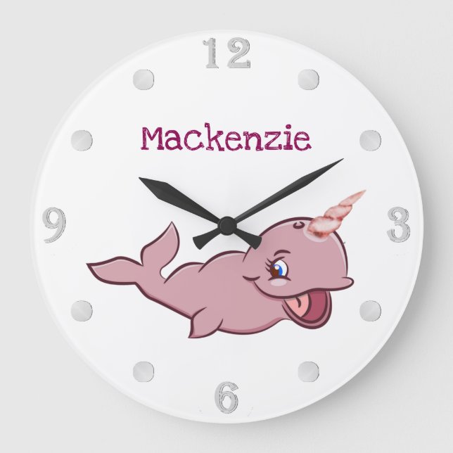 Narwhal Pink | Girly Kawaii Chibi Cartoon Custom Große Wanduhr (Vorderseite)