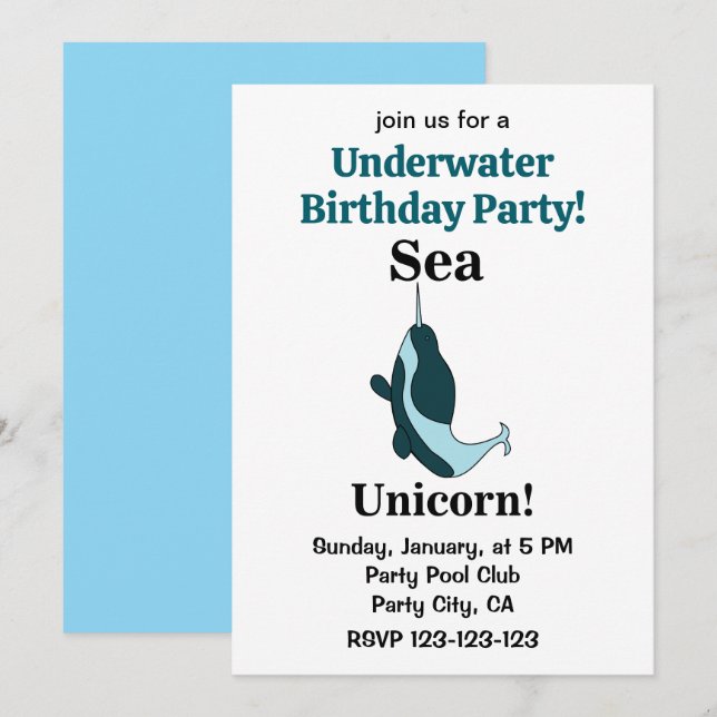 Narwhal Sea Unicorn Underwater Birthday Party Einladung (Vorne/Hinten)
