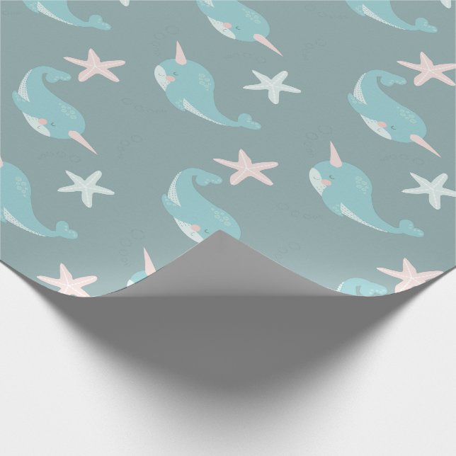 Narwhal & Starfish Muster Green Geschenkpapier (Ecke)