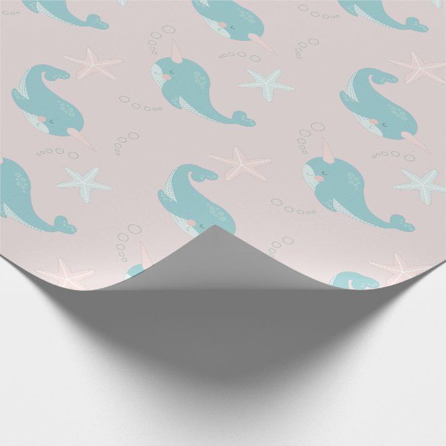 Narwhal & Starfish Muster Light Pink Geschenkpapier (Ecke)