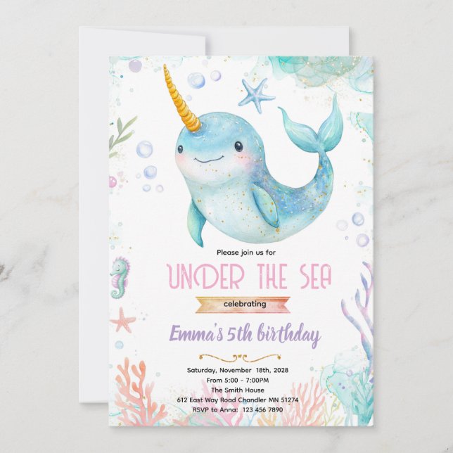 Narwhal theme party invitation einladung (Vorderseite)