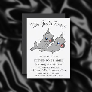 Narwhal Twins   Graue Chibi Cartoon Gender Reveal Einladung