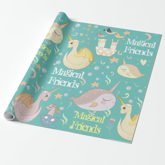 Narwhal und Dragon Friends Aquamarin Personalisier Geschenkpapier (Ungerollt)
