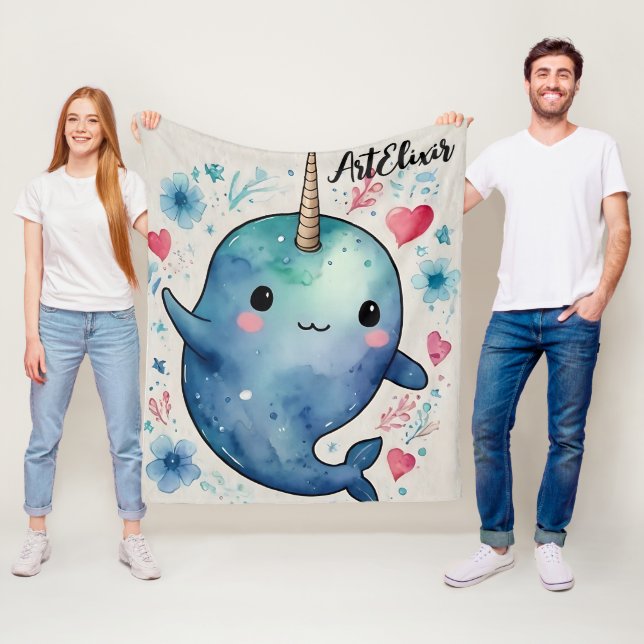 Narwhal Watercolor Herz Floral Print Fleecedecke (Beispiel)