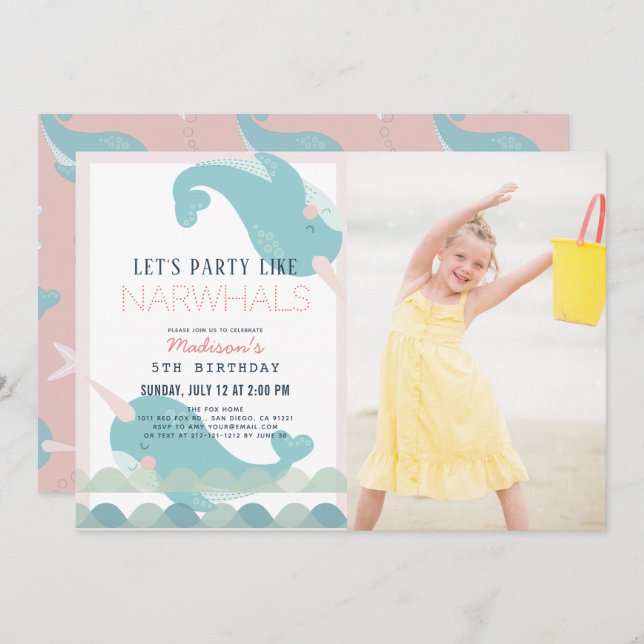Narwhal Waves Sea Pink Girl Birthday Foto Inv Einladung (Vorne/Hinten)