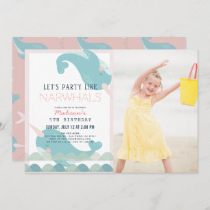 Narwhal Waves Sea Pink Girl Birthday Foto Inv Einladung