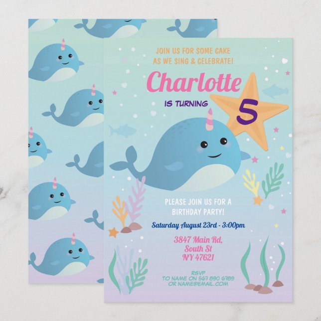 Narwhale Birthday Party Pool Beach Swim Narwhal Einladung (Vorne/Hinten)