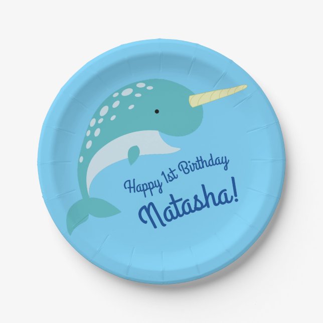 Narwhals Ocean Niedlich 1. Geburtstag Party Thema Pappteller (Vorderseite)