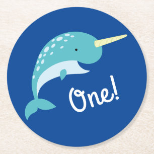 Narwhals Ocean Niedlich 1. Geburtstag Party Thema Runder Pappuntersetzer