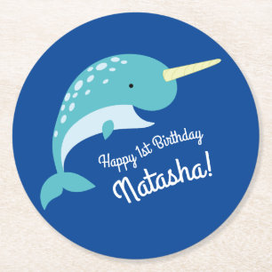 Narwhals Ocean Niedlich 1. Geburtstag Party Thema Runder Pappuntersetzer