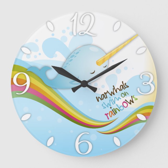 Narwhals Schwimmen auf Regenbogen Große Wanduhr (Vorderseite)