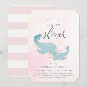 Narwhals Watercolor Pink Girl Baby Dusche Einladung