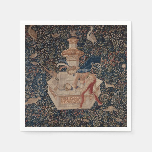 Narziss am Brunnen, mittelalterlicher Teppich Serviette (Vorderseite)