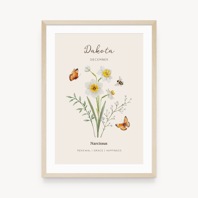 Narziss Geburtsmonatsblumenposter Poster (Example of narcissus birth flower poster once framed. )