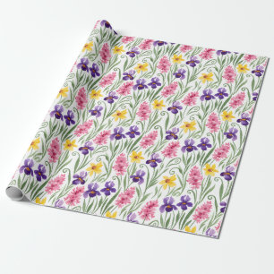 Narzissengelb, Iris Purpur, Hyazinthenrosa Blumenm Geschenkpapier