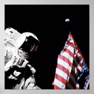 NASA Apollo 17 Astronaut Flag Earth Moon Foto Poster