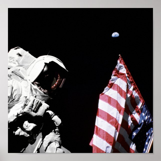 NASA Apollo 17 Astronaut Flag Earth Moon Foto Poster (Vorne)