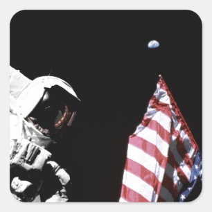 NASA Apollo 17 Astronaut Flag Earth Moon Foto Quadratischer Aufkleber