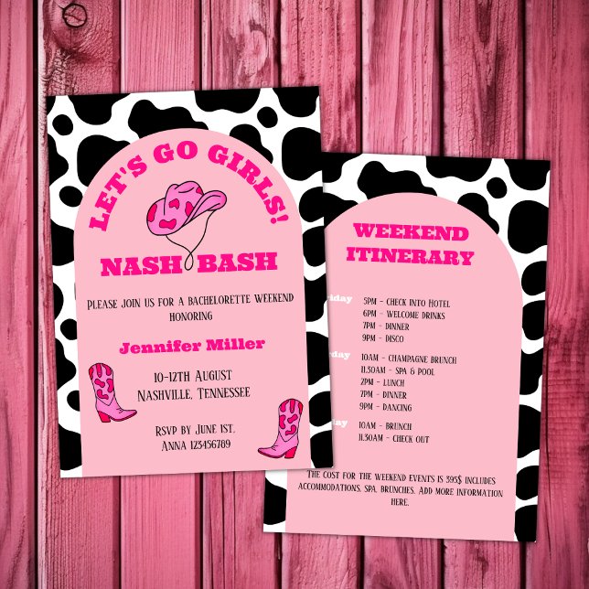 Nash Bash Cowgirl Pink Bachelorette Girls Weekend Einladung (nash bash nashville bachelorette girls weekend cowgirl pink cowgirl boots and hat arch cow pattern)