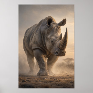 Nashorn, das durch staubige Wildnis-Wandkunst geht Poster