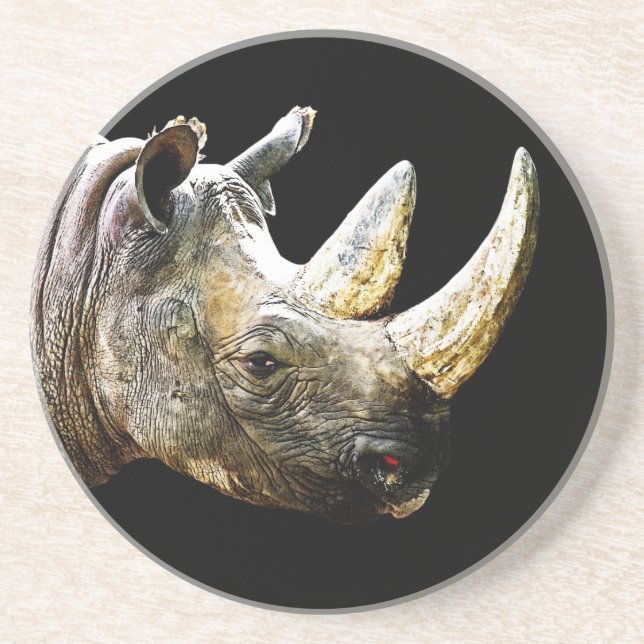 Nashorn-Kopf, schwarzer Hintergrund Getränkeuntersetzer (Vorne)