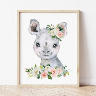 Nashorn, Safari, Dschungel, rosa Blumen, Mädchen-K Poster