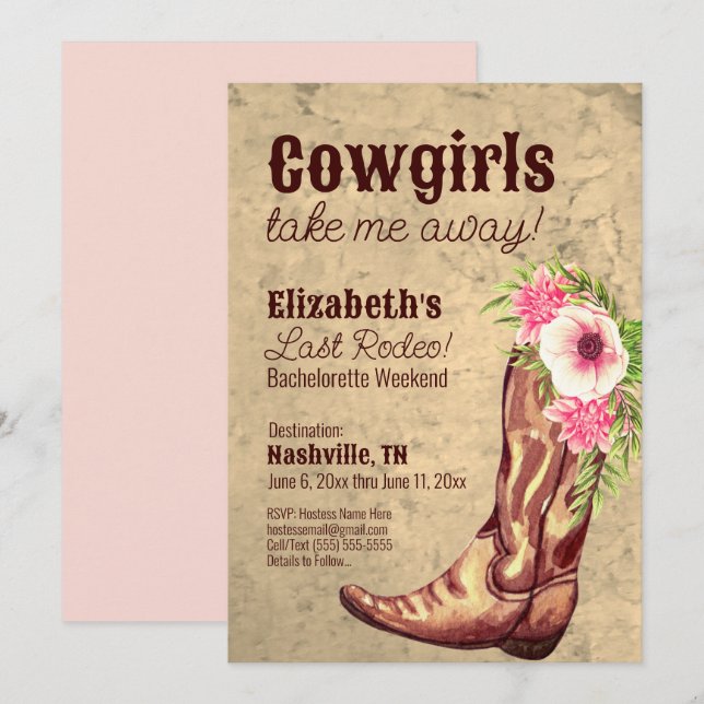 Nashville Bachelorette Rustikales Pink Cowgirl Einladung (Vorne/Hinten)