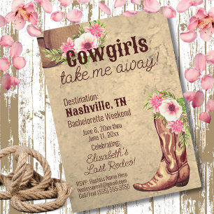Nashville Junggesellinnenabschied Blumen Rosa Cowg Einladung