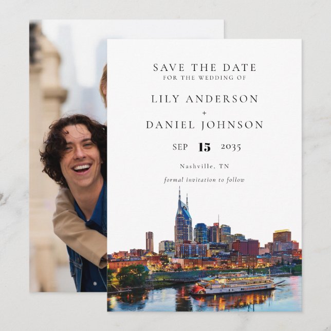 Nashville-Riverfront-Aquarell-Foto-Hochzeit Save The Date (Vorne/Hinten)